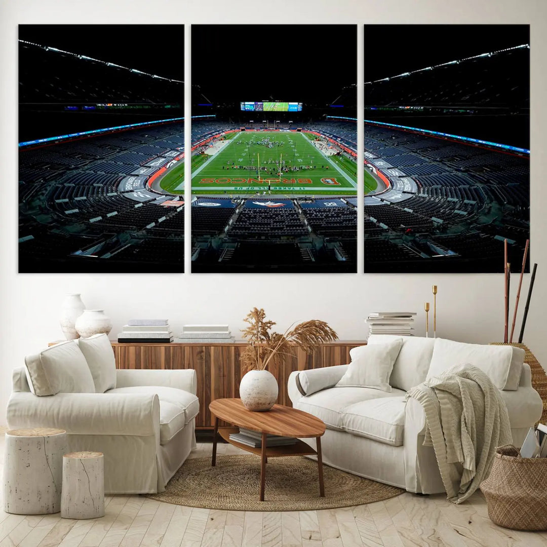 A large canvas titled "Denver Broncos Football Team Print - Denver Empower Field at Mile High Stadium Wall Art Canvas Print" showcases high-resolution printing fit for museum quality.