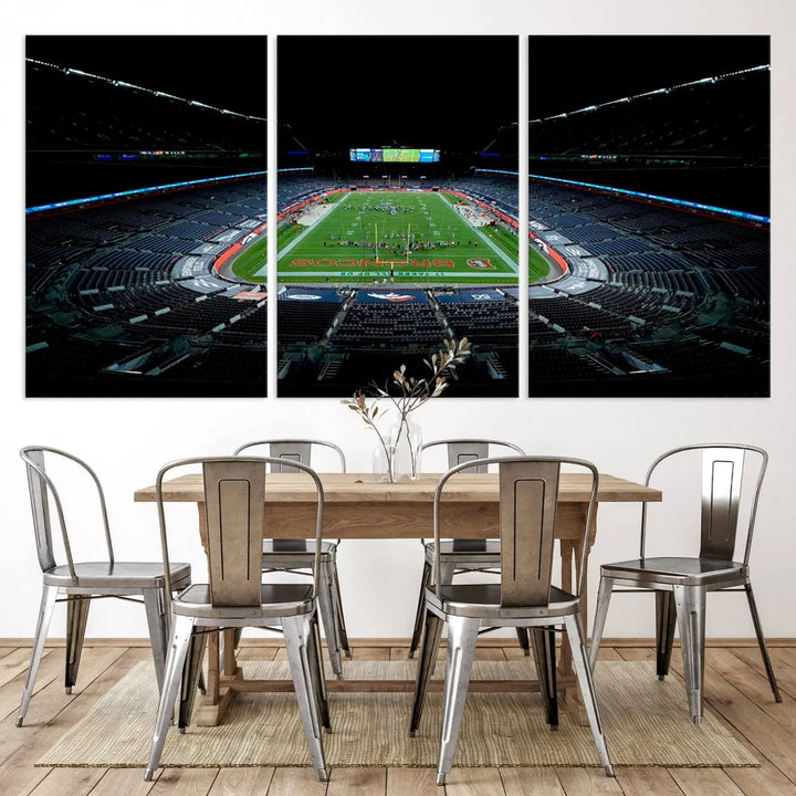 A large canvas titled "Denver Broncos Football Team Print - Denver Empower Field at Mile High Stadium Wall Art Canvas Print" showcases high-resolution printing fit for museum quality.