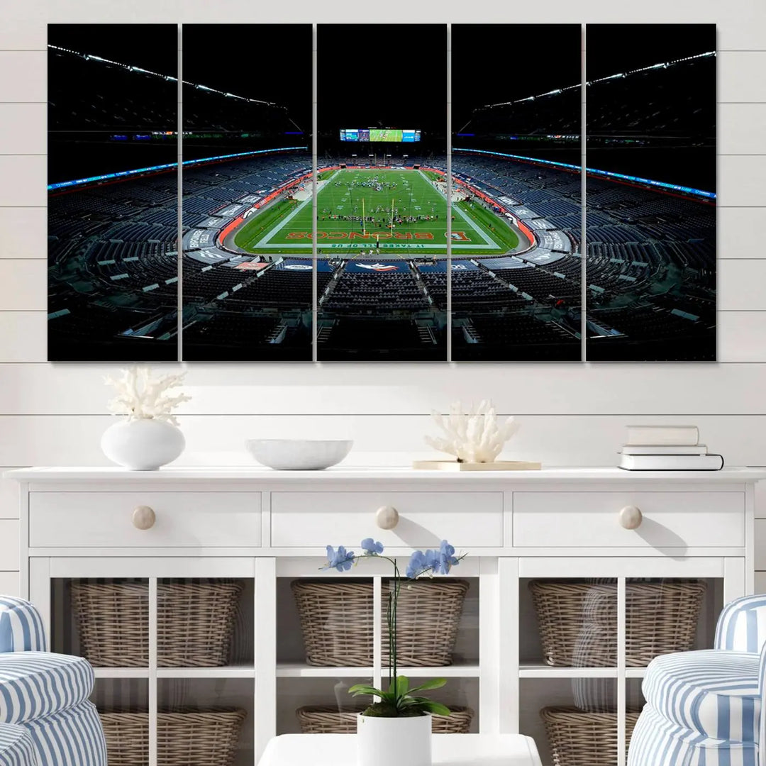 A large canvas titled "Denver Broncos Football Team Print - Denver Empower Field at Mile High Stadium Wall Art Canvas Print" showcases high-resolution printing fit for museum quality.