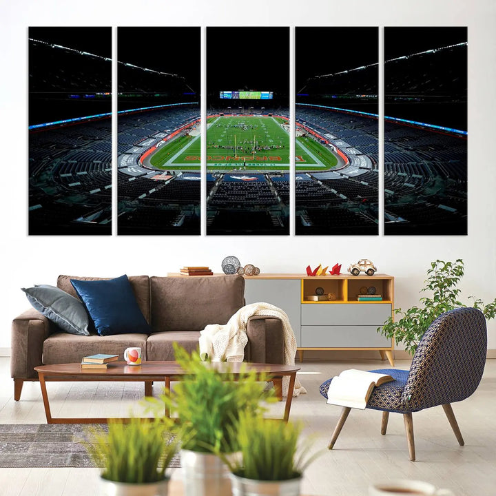 A large canvas titled "Denver Broncos Football Team Print - Denver Empower Field at Mile High Stadium Wall Art Canvas Print" showcases high-resolution printing fit for museum quality.