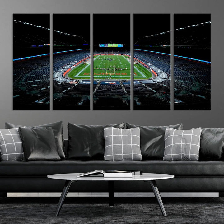 A large canvas titled "Denver Broncos Football Team Print - Denver Empower Field at Mile High Stadium Wall Art Canvas Print" showcases high-resolution printing fit for museum quality.