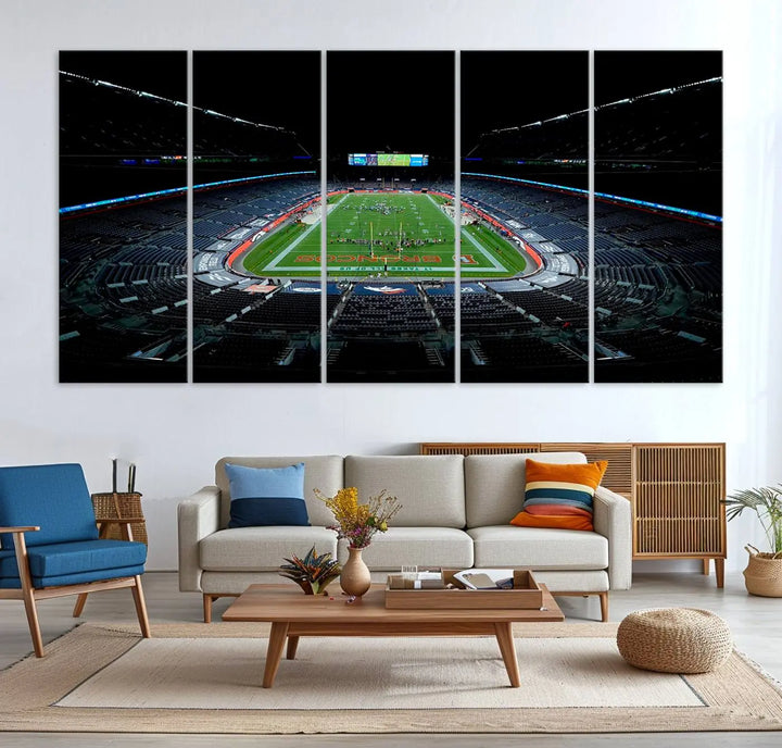 A large canvas titled "Denver Broncos Football Team Print - Denver Empower Field at Mile High Stadium Wall Art Canvas Print" showcases high-resolution printing fit for museum quality.