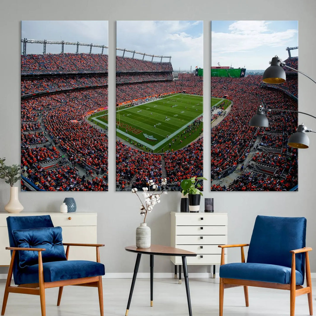 A triptych wall art titled "Denver Broncos Football Team Print - Empower Field at Mile High Stadium" is crafted on museum-quality canvas using high-resolution printing for stunning detail.