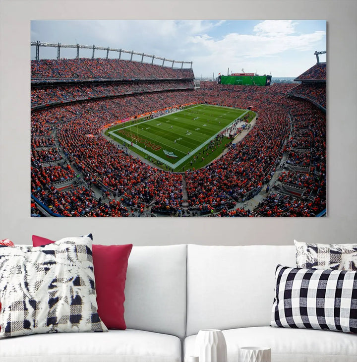 A triptych wall art titled "Denver Broncos Football Team Print - Empower Field at Mile High Stadium" is crafted on museum-quality canvas using high-resolution printing for stunning detail.