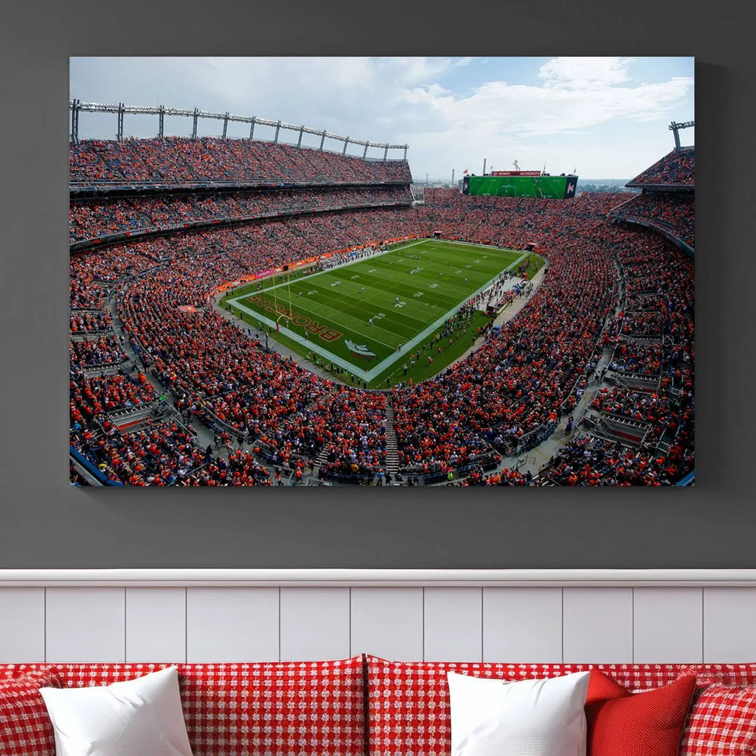 A triptych wall art titled "Denver Broncos Football Team Print - Empower Field at Mile High Stadium" is crafted on museum-quality canvas using high-resolution printing for stunning detail.