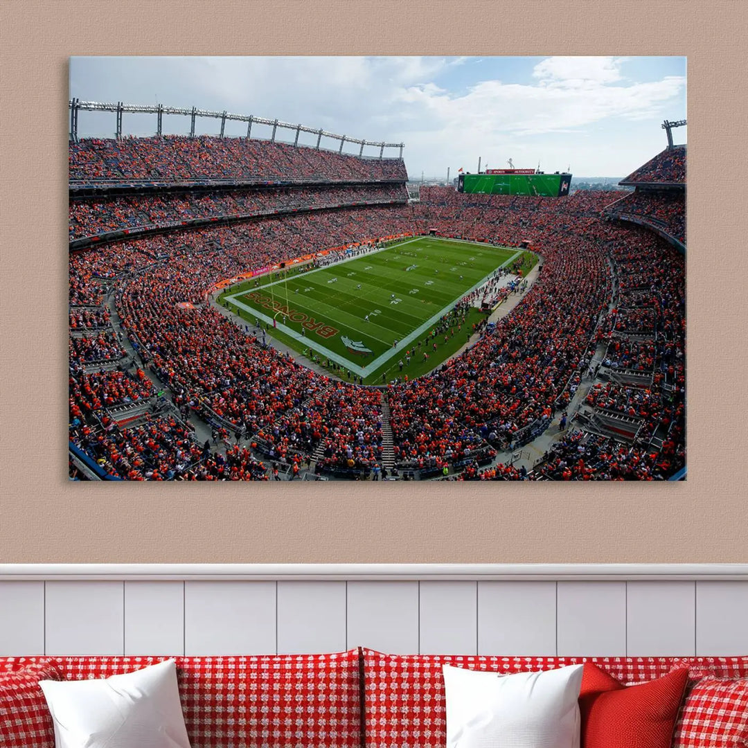 A triptych wall art titled "Denver Broncos Football Team Print - Empower Field at Mile High Stadium" is crafted on museum-quality canvas using high-resolution printing for stunning detail.