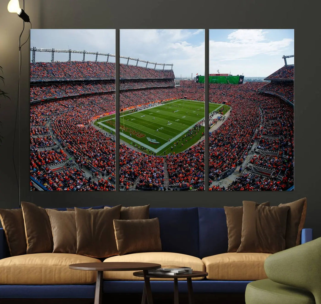 A triptych wall art titled "Denver Broncos Football Team Print - Empower Field at Mile High Stadium" is crafted on museum-quality canvas using high-resolution printing for stunning detail.