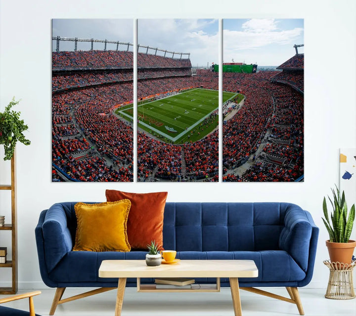 A triptych wall art titled "Denver Broncos Football Team Print - Empower Field at Mile High Stadium" is crafted on museum-quality canvas using high-resolution printing for stunning detail.