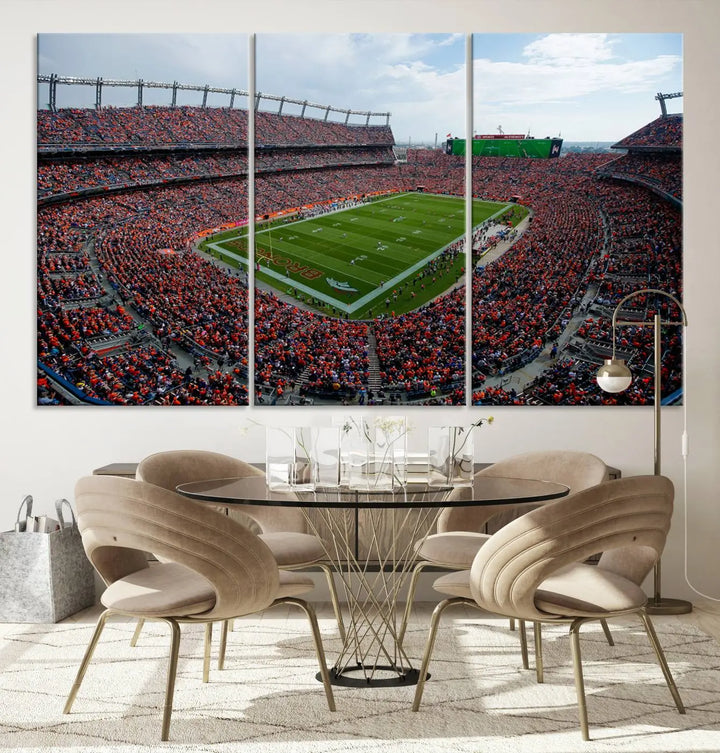 A triptych wall art titled "Denver Broncos Football Team Print - Empower Field at Mile High Stadium" is crafted on museum-quality canvas using high-resolution printing for stunning detail.