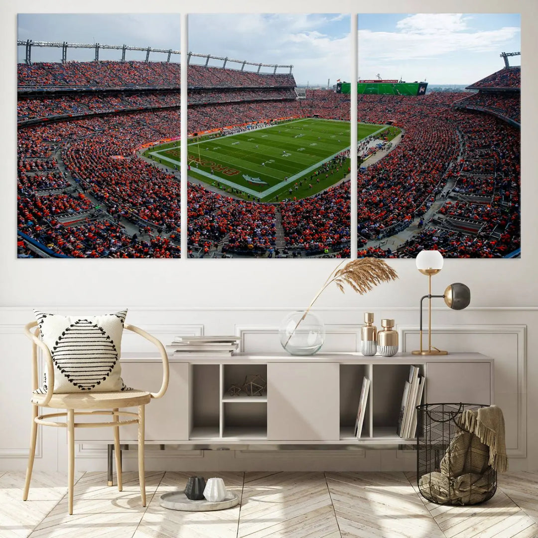 A triptych wall art titled "Denver Broncos Football Team Print - Empower Field at Mile High Stadium" is crafted on museum-quality canvas using high-resolution printing for stunning detail.