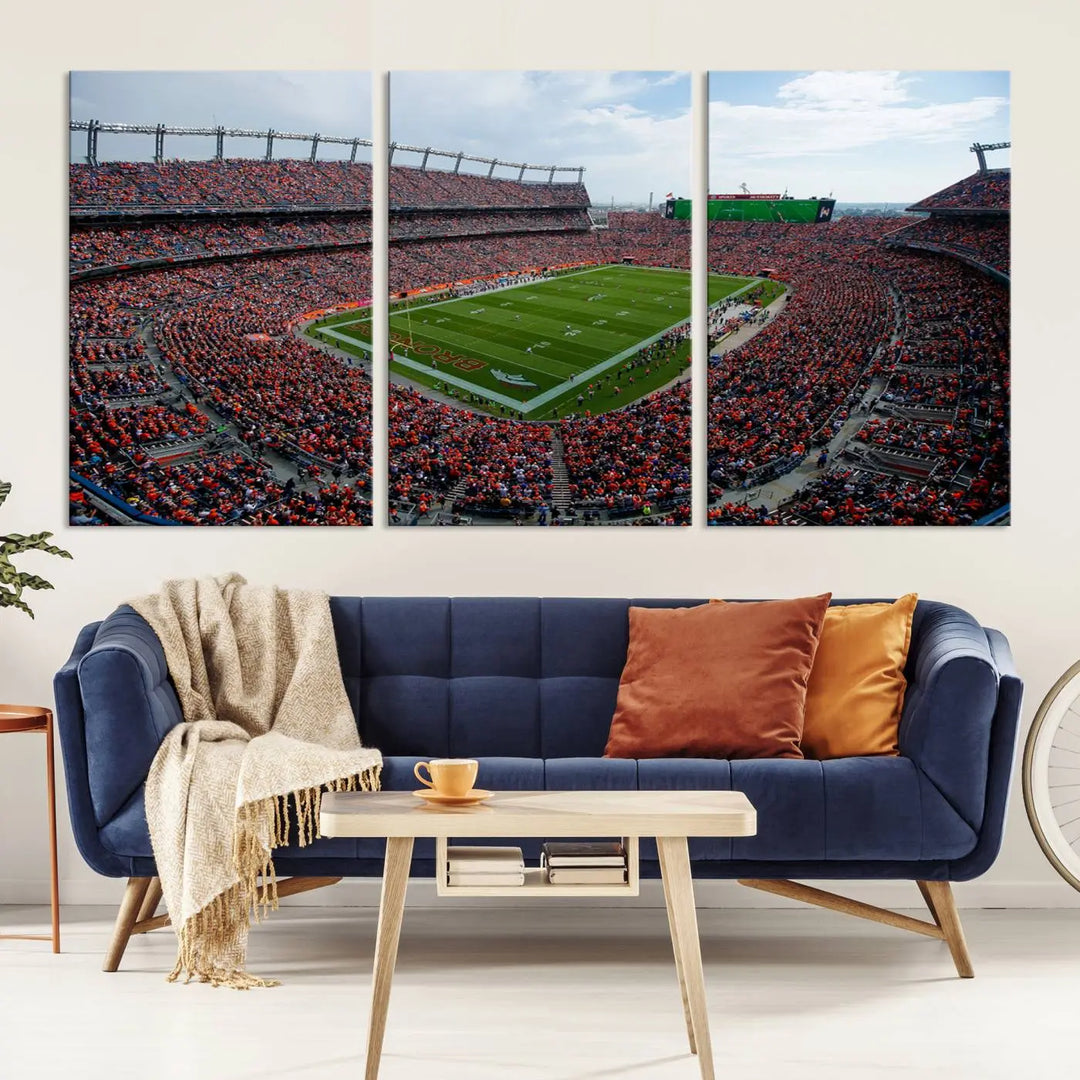 A triptych wall art titled "Denver Broncos Football Team Print - Empower Field at Mile High Stadium" is crafted on museum-quality canvas using high-resolution printing for stunning detail.