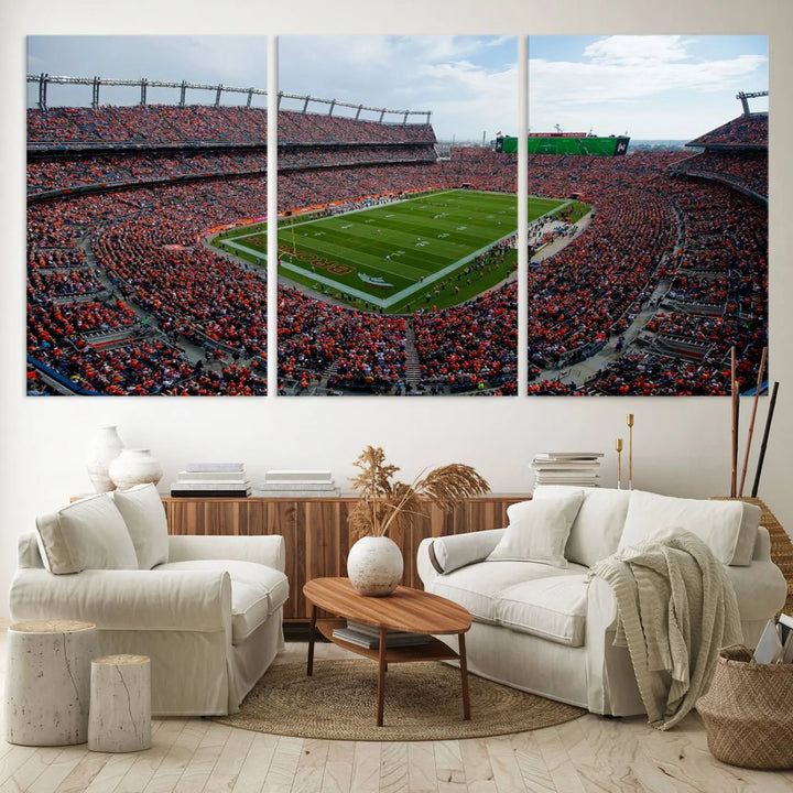 A triptych wall art titled "Denver Broncos Football Team Print - Empower Field at Mile High Stadium" is crafted on museum-quality canvas using high-resolution printing for stunning detail.