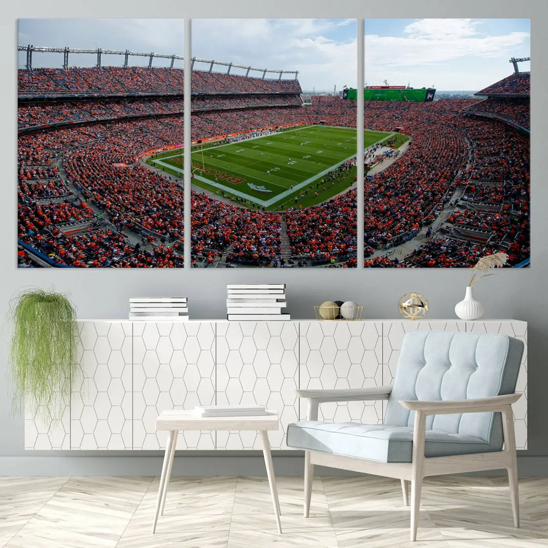 A triptych wall art titled "Denver Broncos Football Team Print - Empower Field at Mile High Stadium" is crafted on museum-quality canvas using high-resolution printing for stunning detail.