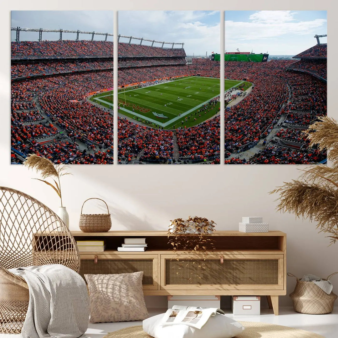 A triptych wall art titled "Denver Broncos Football Team Print - Empower Field at Mile High Stadium" is crafted on museum-quality canvas using high-resolution printing for stunning detail.