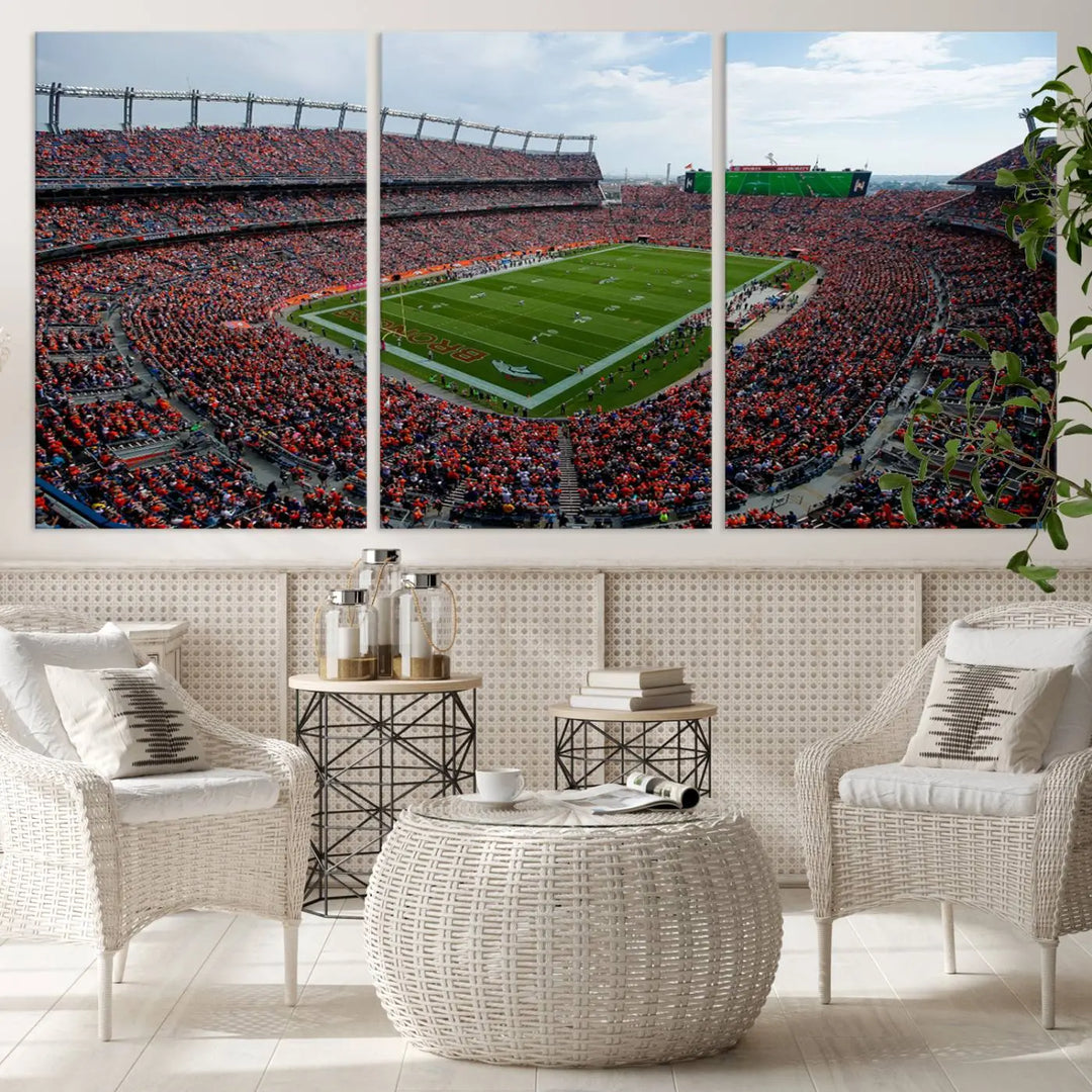 A triptych wall art titled "Denver Broncos Football Team Print - Empower Field at Mile High Stadium" is crafted on museum-quality canvas using high-resolution printing for stunning detail.