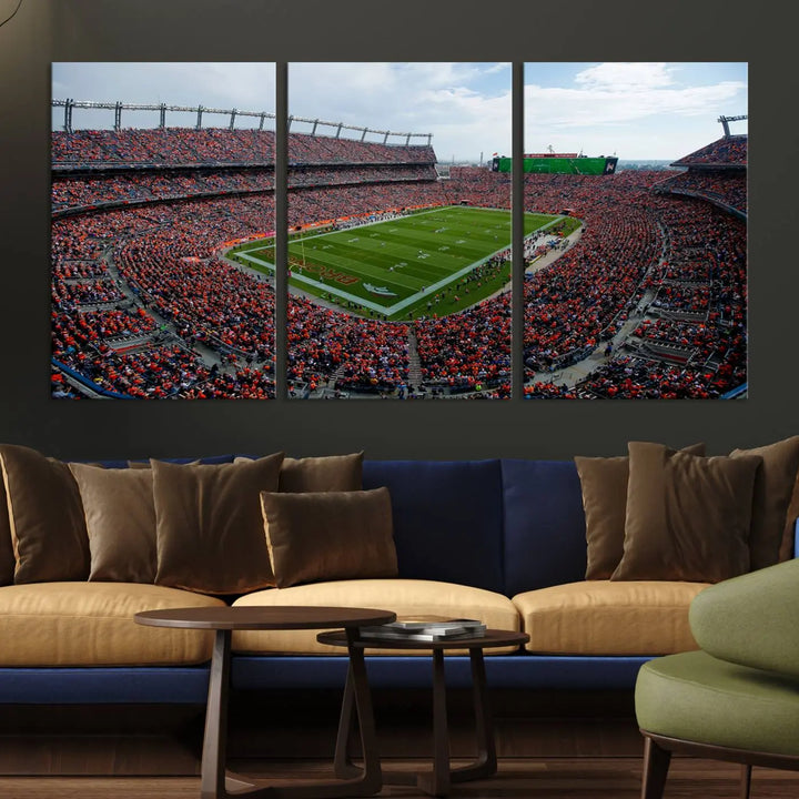 A triptych wall art titled "Denver Broncos Football Team Print - Empower Field at Mile High Stadium" is crafted on museum-quality canvas using high-resolution printing for stunning detail.