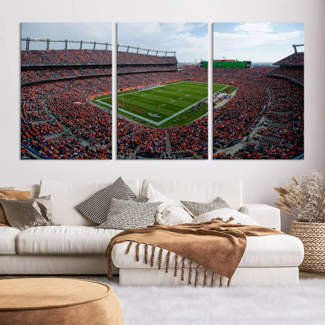 A triptych wall art titled "Denver Broncos Football Team Print - Empower Field at Mile High Stadium" is crafted on museum-quality canvas using high-resolution printing for stunning detail.