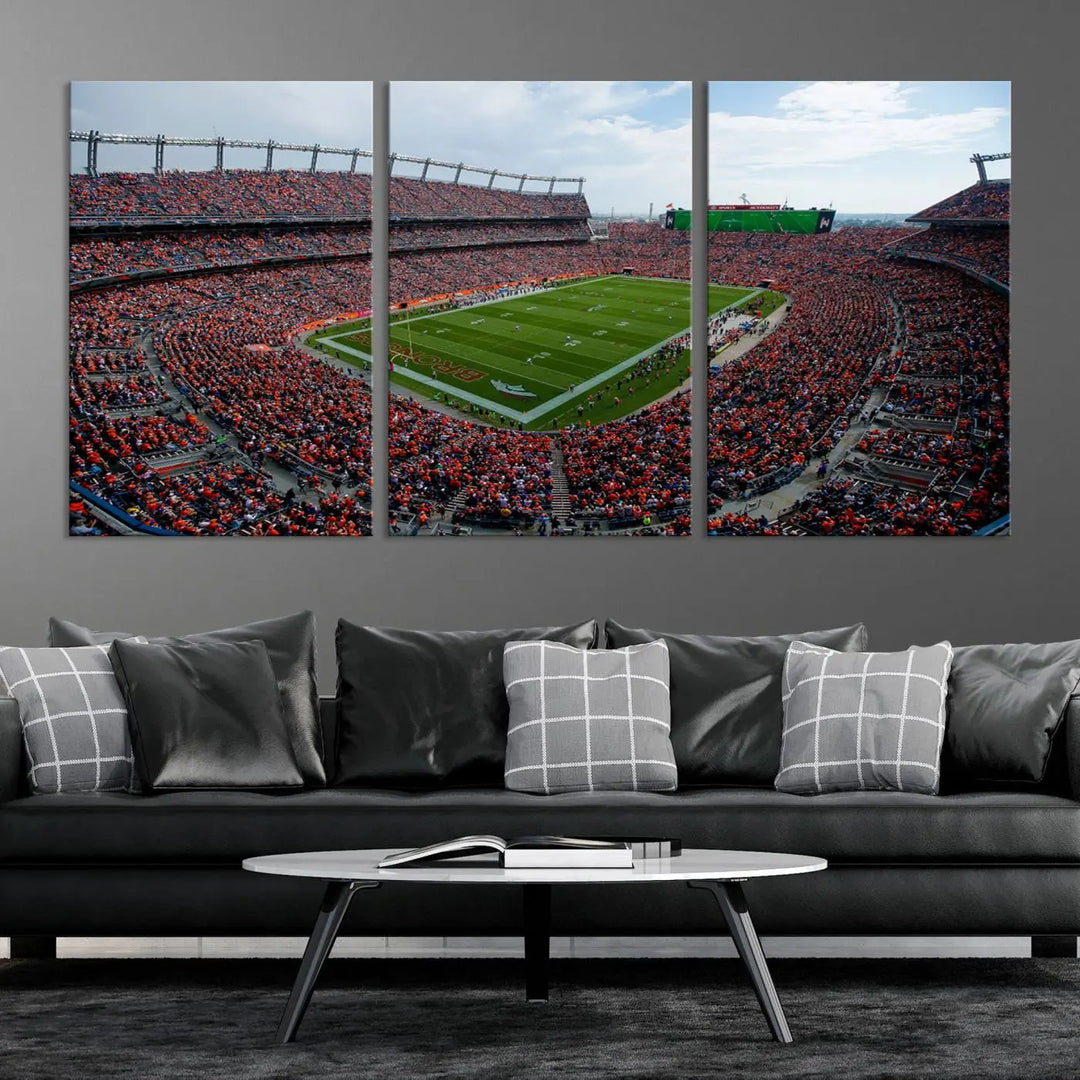 A triptych wall art titled "Denver Broncos Football Team Print - Empower Field at Mile High Stadium" is crafted on museum-quality canvas using high-resolution printing for stunning detail.