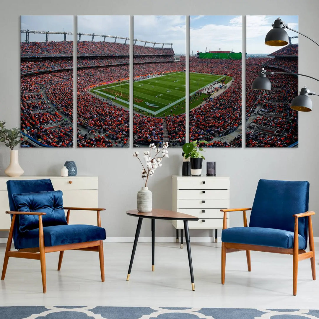 A triptych wall art titled "Denver Broncos Football Team Print - Empower Field at Mile High Stadium" is crafted on museum-quality canvas using high-resolution printing for stunning detail.