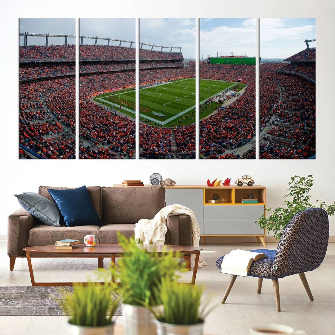 A triptych wall art titled "Denver Broncos Football Team Print - Empower Field at Mile High Stadium" is crafted on museum-quality canvas using high-resolution printing for stunning detail.