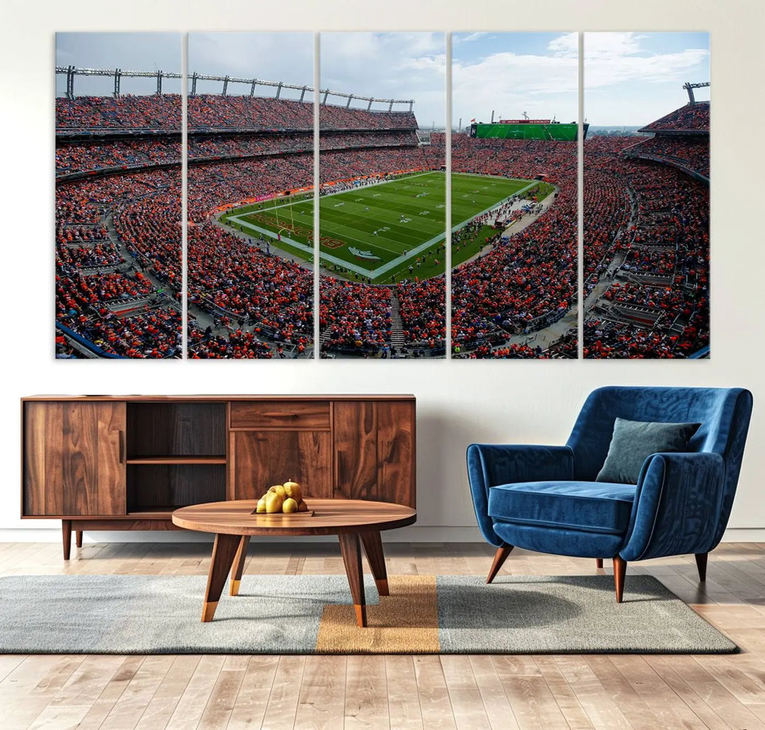 A triptych wall art titled "Denver Broncos Football Team Print - Empower Field at Mile High Stadium" is crafted on museum-quality canvas using high-resolution printing for stunning detail.