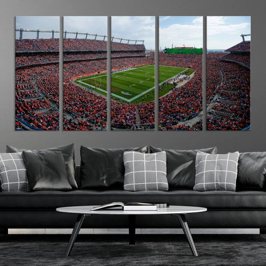 A triptych wall art titled "Denver Broncos Football Team Print - Empower Field at Mile High Stadium" is crafted on museum-quality canvas using high-resolution printing for stunning detail.