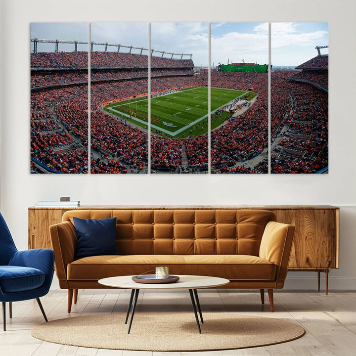 A triptych wall art titled "Denver Broncos Football Team Print - Empower Field at Mile High Stadium" is crafted on museum-quality canvas using high-resolution printing for stunning detail.