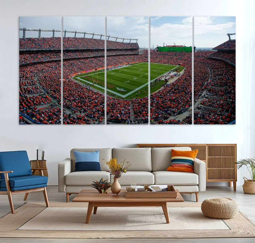 A triptych wall art titled "Denver Broncos Football Team Print - Empower Field at Mile High Stadium" is crafted on museum-quality canvas using high-resolution printing for stunning detail.