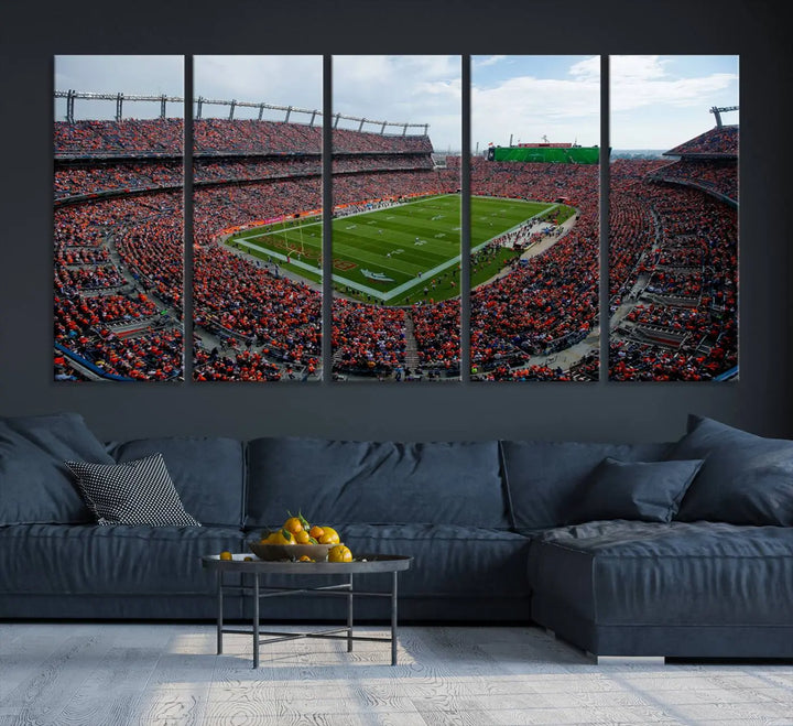 A triptych wall art titled "Denver Broncos Football Team Print - Empower Field at Mile High Stadium" is crafted on museum-quality canvas using high-resolution printing for stunning detail.