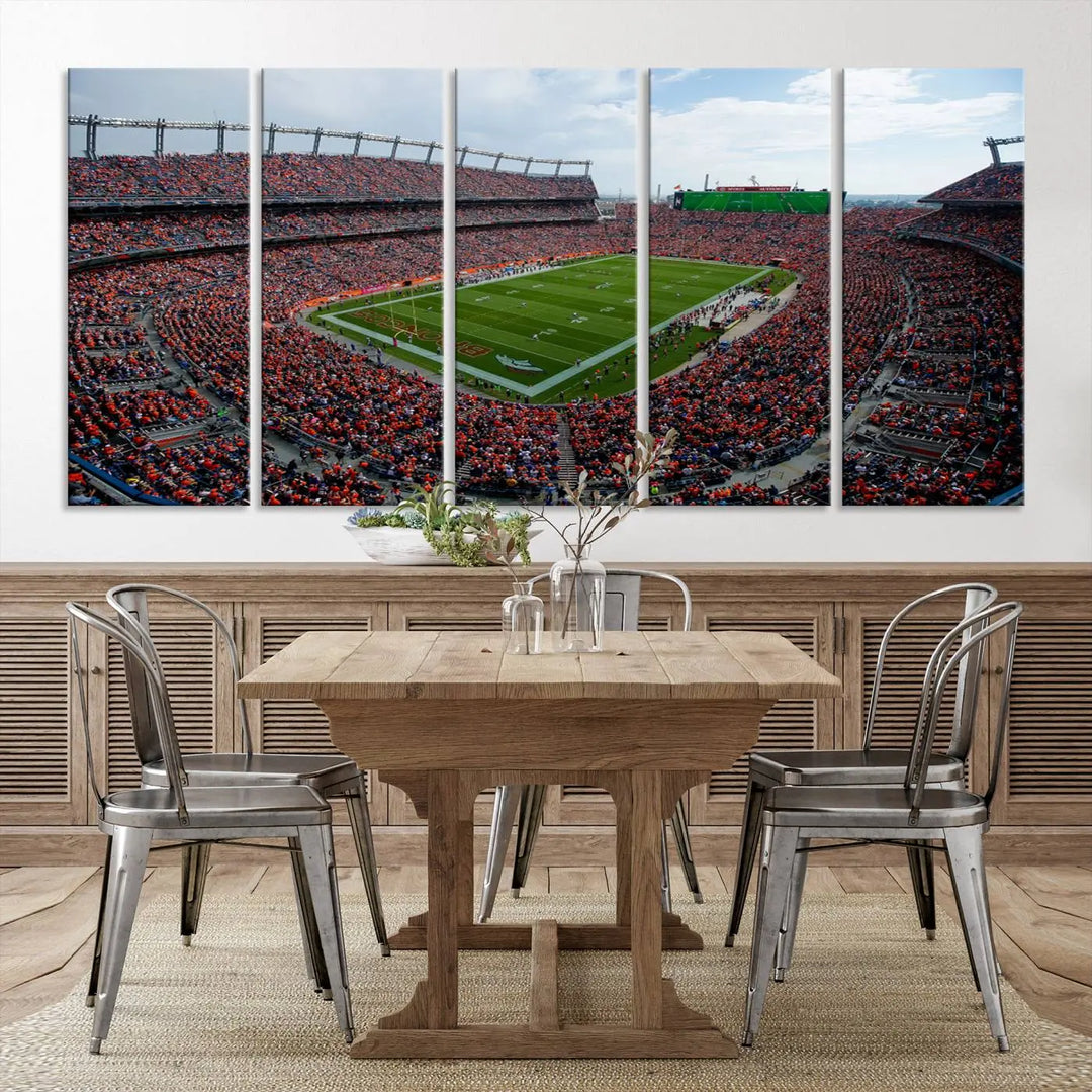 A triptych wall art titled "Denver Broncos Football Team Print - Empower Field at Mile High Stadium" is crafted on museum-quality canvas using high-resolution printing for stunning detail.