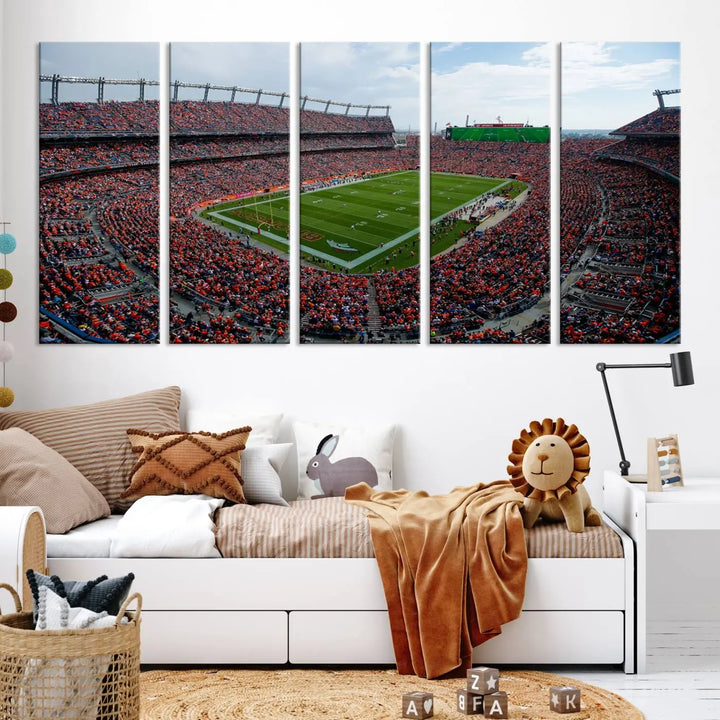 A triptych wall art titled "Denver Broncos Football Team Print - Empower Field at Mile High Stadium" is crafted on museum-quality canvas using high-resolution printing for stunning detail.