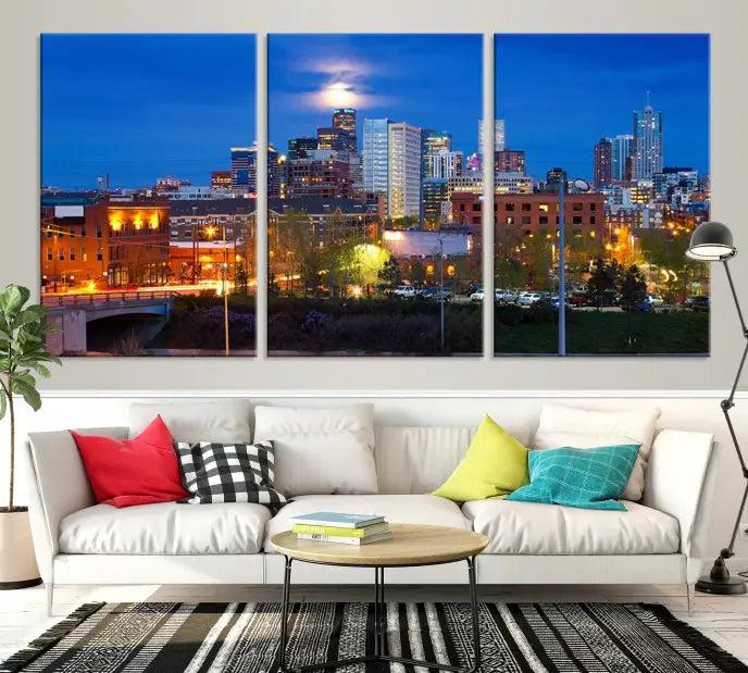 Denver City Lights Night Blue Skyline Cityscape View Wall Art Canvas Print 