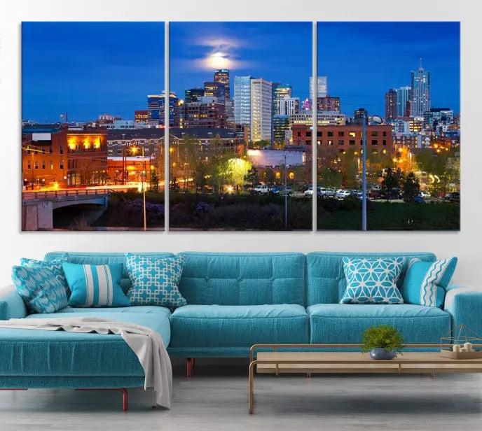 Denver City Lights Night Blue Skyline Cityscape View Wall Art Canvas Print 