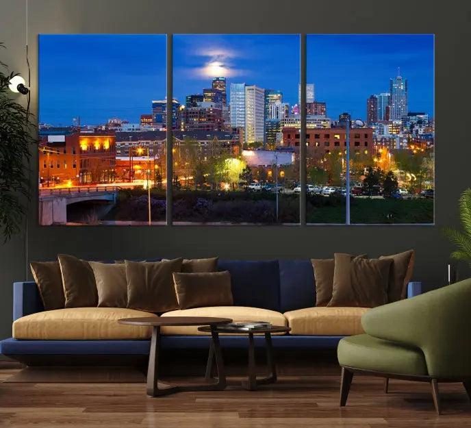 Denver City Lights Night Blue Skyline Cityscape View Wall Art Canvas Print 