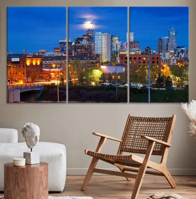 Denver City Lights Night Blue Skyline Cityscape View Wall Art Canvas Print 