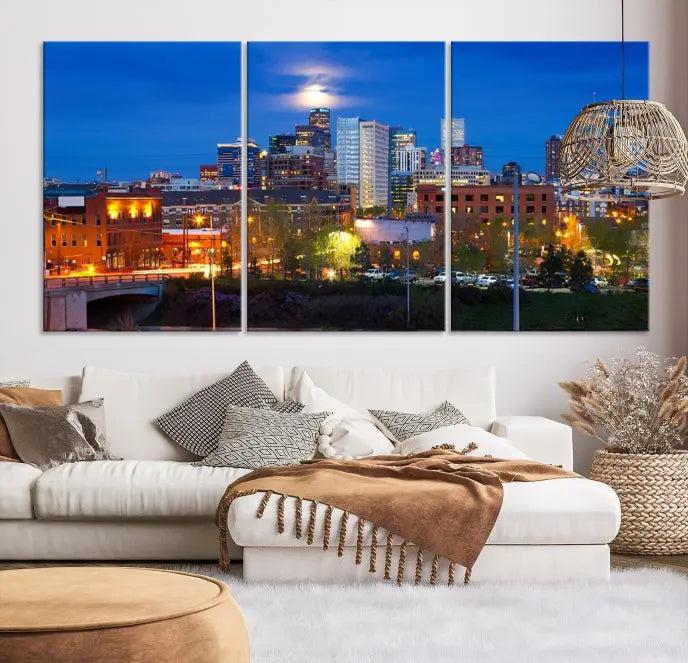 Denver City Lights Night Blue Skyline Cityscape View Wall Art Canvas Print 