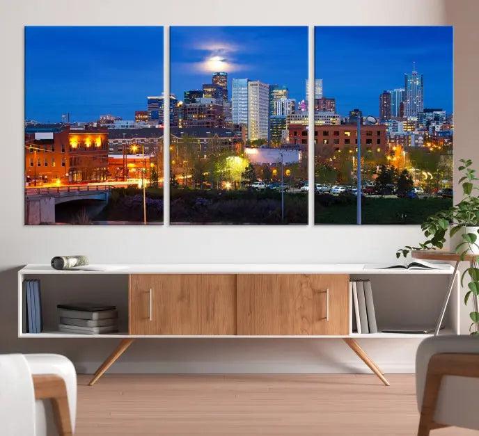 Denver City Lights Night Blue Skyline Cityscape View Wall Art Canvas Print 