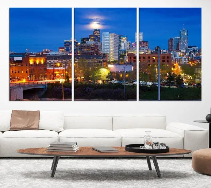 Denver City Lights Night Blue Skyline Cityscape View Wall Art Canvas Print 