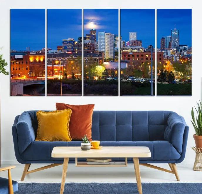 Denver City Lights Night Blue Skyline Cityscape View Wall Art Canvas Print 