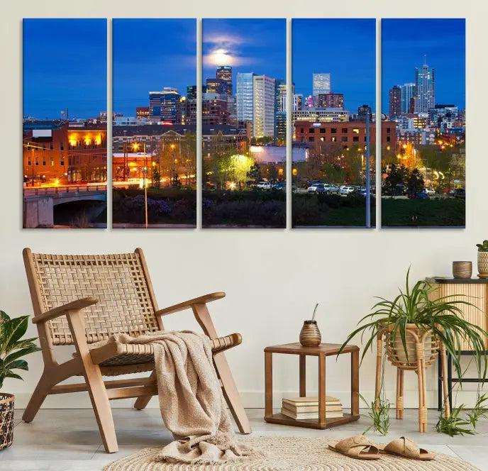 Denver City Lights Night Blue Skyline Cityscape View Wall Art Canvas Print 