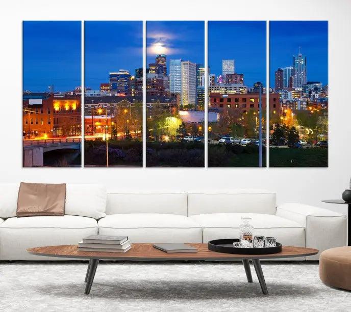 Denver City Lights Night Blue Skyline Cityscape View Wall Art Canvas Print 