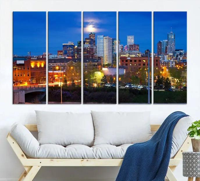 Denver City Lights Night Blue Skyline Cityscape View Wall Art Canvas Print 