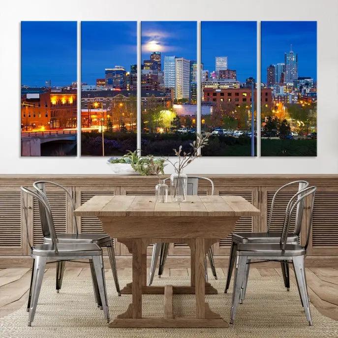 Denver City Lights Night Blue Skyline Cityscape View Wall Art Canvas Print 