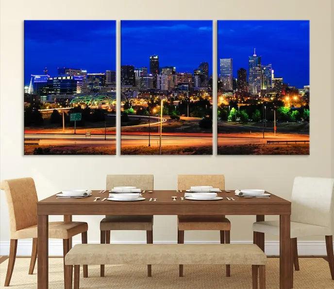 Display the exquisite Denver City Lights Night Bright Blue Skyline Cityscape View Wall Art Canvas Print. This museum-quality triptych canvas, delivered ready to hang with free shipping, effortlessly transforms your space.