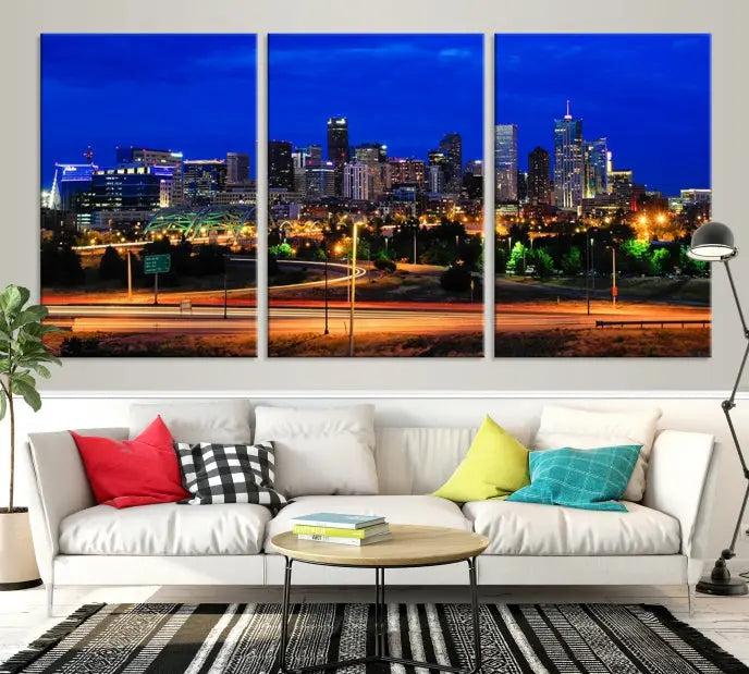 Display the exquisite Denver City Lights Night Bright Blue Skyline Cityscape View Wall Art Canvas Print. This museum-quality triptych canvas, delivered ready to hang with free shipping, effortlessly transforms your space.