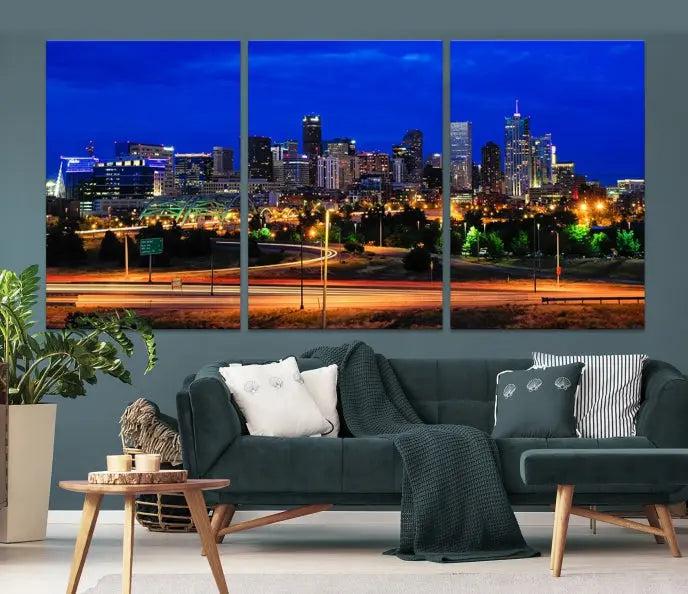 Display the exquisite Denver City Lights Night Bright Blue Skyline Cityscape View Wall Art Canvas Print. This museum-quality triptych canvas, delivered ready to hang with free shipping, effortlessly transforms your space.