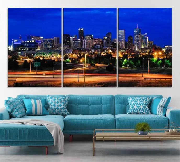 Display the exquisite Denver City Lights Night Bright Blue Skyline Cityscape View Wall Art Canvas Print. This museum-quality triptych canvas, delivered ready to hang with free shipping, effortlessly transforms your space.