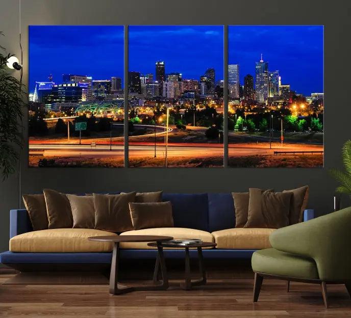 Display the exquisite Denver City Lights Night Bright Blue Skyline Cityscape View Wall Art Canvas Print. This museum-quality triptych canvas, delivered ready to hang with free shipping, effortlessly transforms your space.