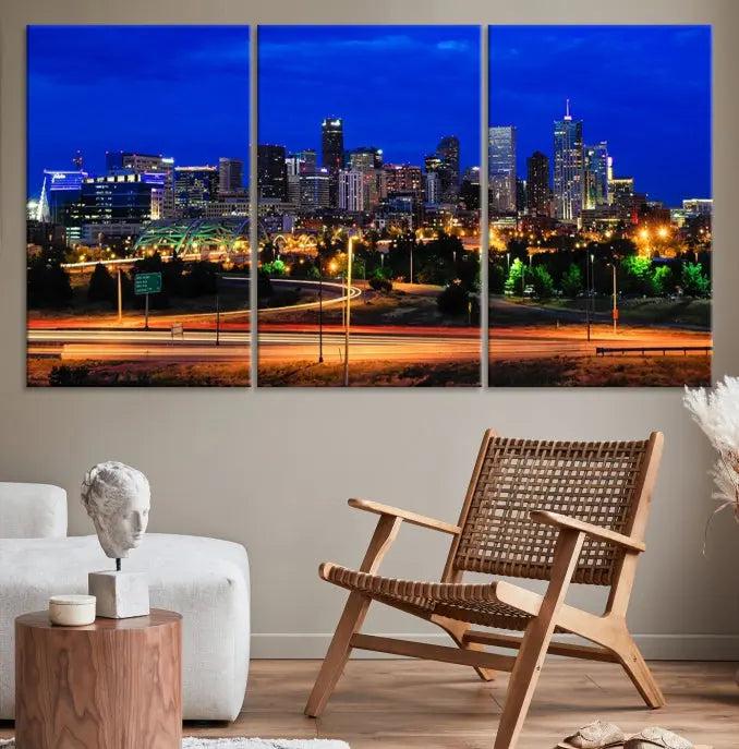 Display the exquisite Denver City Lights Night Bright Blue Skyline Cityscape View Wall Art Canvas Print. This museum-quality triptych canvas, delivered ready to hang with free shipping, effortlessly transforms your space.