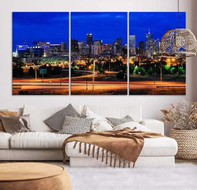 Display the exquisite Denver City Lights Night Bright Blue Skyline Cityscape View Wall Art Canvas Print. This museum-quality triptych canvas, delivered ready to hang with free shipping, effortlessly transforms your space.